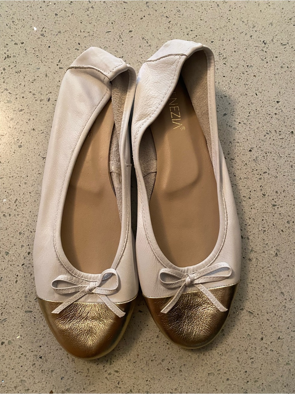 Venezia Leather White Ballet Flats with Metallic Gold Cap Toe and Bow